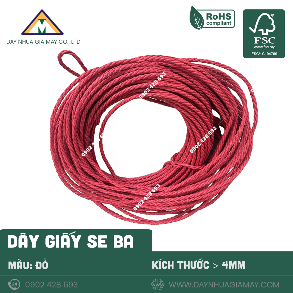 Dây giấy se 3 màu đỏ kích thước 4mm 2 day giay se 3 mau do