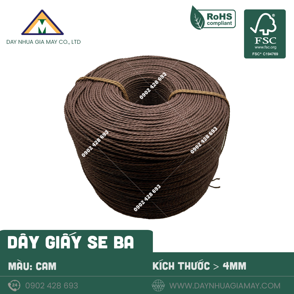 Dây giấy se 3 sợi màu nâu đậm kích thước 3mm