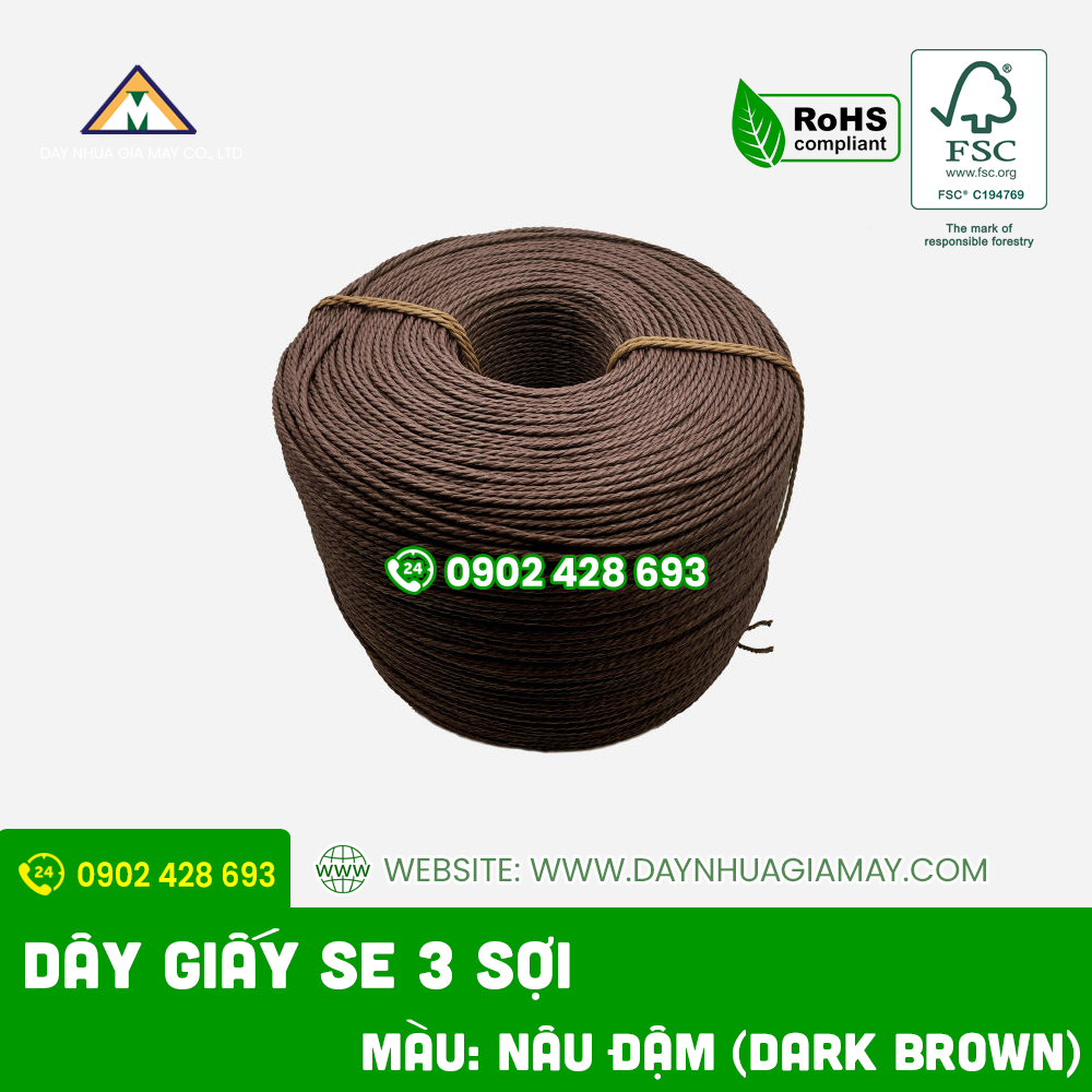 Dây giấy se 3 sợi màu nâu đậm kích thước 3mm 2 day giay se 3 soi mau nau dam
